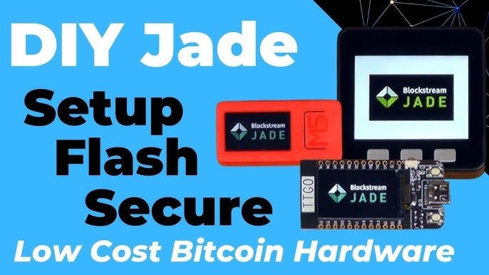 YouTube thumbnail reading "DIY Jade: Setup Flash Secure — Low Cost Bitcoin Hardware", showing a Blockstream Jade alongside two bare dev boards running Jade firmware. YouTube thumbnail reading "DIY Jade: Setup Flash Secure — Low Cost Bitcoin Hardware", showing a Blockstream Jade alongside two bare dev boards running Jade firmware.