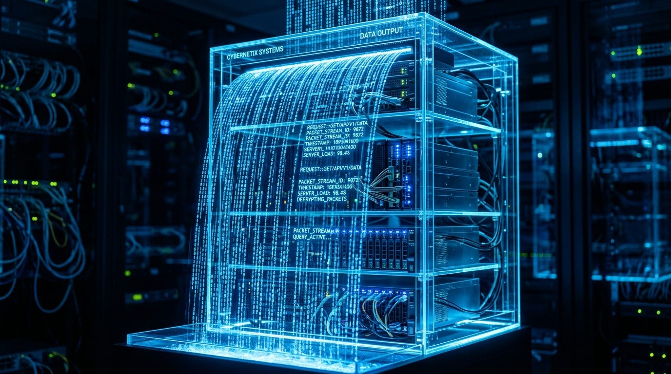 nh chụp cận cảnh tủ rack máy chủ trong suốt tỏa ánh sáng xanh, với các dòng mã và văn bản kỹ thuật số chảy xuống không ngừng như thác nước.