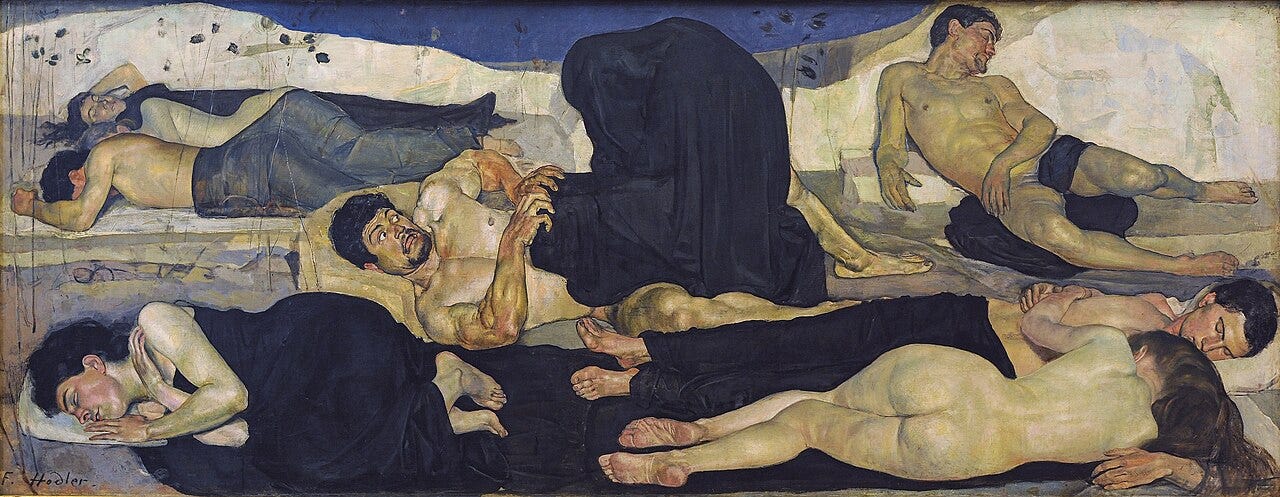 Six nude sleepers under black cloth and a man waking in terror beneath a crouching figure shrouded in black Six nude sleepers under black cloth and a man waking in terror beneath a crouching figure shrouded in black