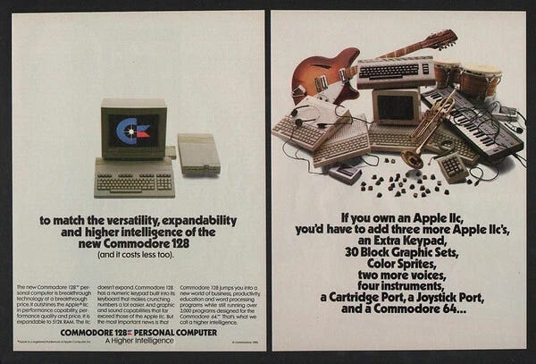1985 COMMODORE 128 Personal Computer Versus Apple Computers - 2 Page VINTAGE AD - Picture 1 of 1