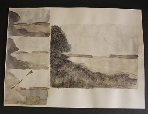 Grayscale photo reference of a lakeside landscape with numbered sections for watercolor value study. Three watercolor value studies of a lakeside landscape in grayscale, testing tonal ranges and composition. Watercolor value study of a lakeside landscape with dark foreground tree and distant hills in muted gray tones.