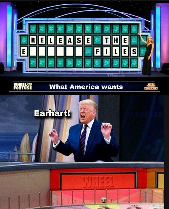 A Wheel of Fortune game show set with a puzzle board displaying "RELEASE THE FILES" and letters E, L, E, A, S, E, T, H, F, I, L, S. A woman in a black dress stands beside the board. Below, Donald Trump in a suit with a red tie gestures animatedly, shouting "Earhart!" in front of the Wheel of Fortune wheel and set.