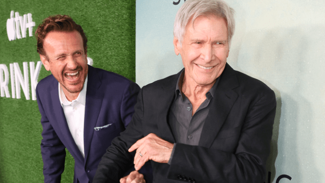 Creator, writer and executive producer Jason Segel and Harrison Ford attend the season two premiere of the Apple TV+ series “Shrinking” at the Pacific Design Center on October 08, 2024 in West Hollywood, California.