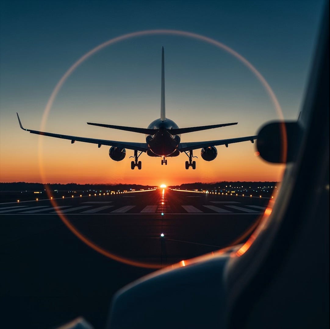 Airplane lifting off a runway at dusk, seen from behind, runway lights vanishing into darkness — symbolic of irreversible transformation and new beginnings.