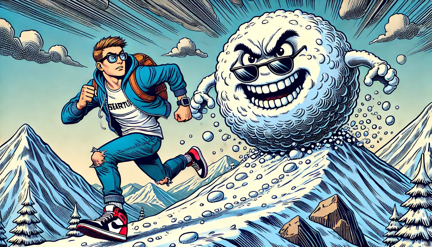 A comic-style illustration of a large snowball chasing a tech entrepreneur down the slope of a mountain, in a landscape format for a banner. The entrepreneur should have a stereotypical tech startup look: wearing casual but modern clothing like a hoodie, jeans, and sneakers, with trendy glasses, a smartwatch, and carrying a laptop or tablet. The snowball should have a menacing, angry face, symbolizing the growing dilution of the entrepreneur's ownership. The entrepreneur is running in a frantic but determined pose, looking back at the snowball gaining size and momentum behind them. The mountain setting should be dramatic with snow and rocky terrain. The banner format should emphasize the width, with the snowball growing larger and moving to the right side of the image.