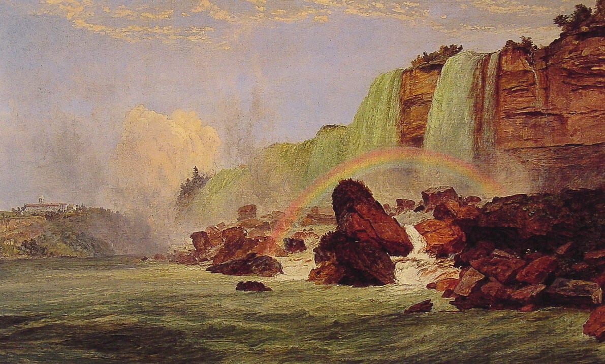 An autumn American valley in warm colour with a rainbow rising over a river and hills An autumn American valley in warm colour with a rainbow rising over a river and hills