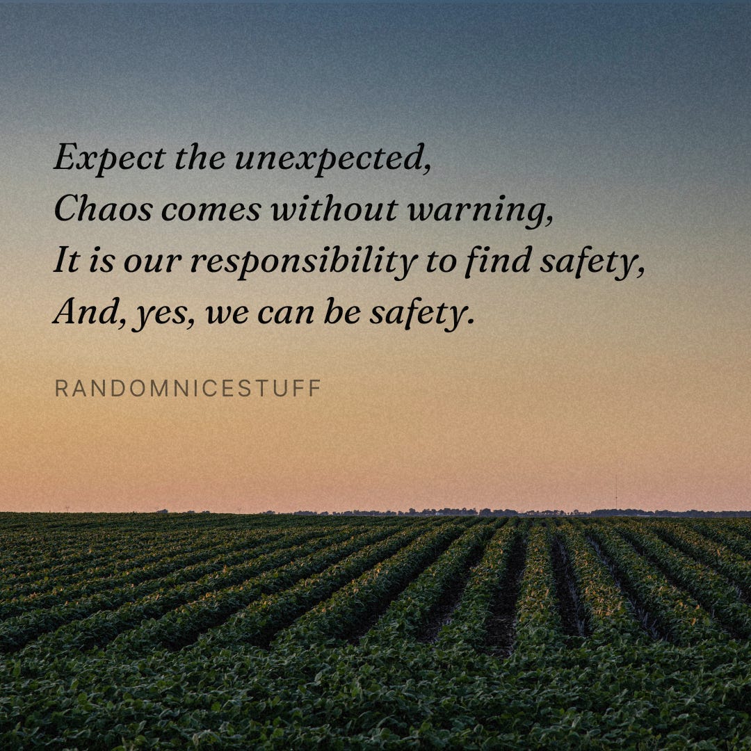 Expect the unexpected,Chaos comes without warning,It is our responsibility to find safety,And, yes, we can be safety.