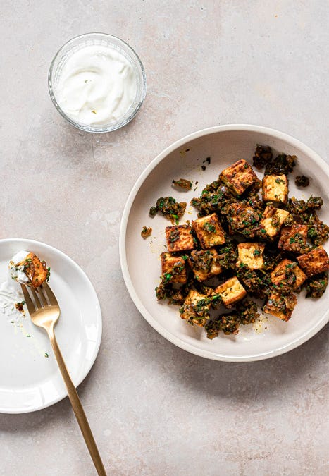 Spicy Coriander Tofu with Caramelized Onions
