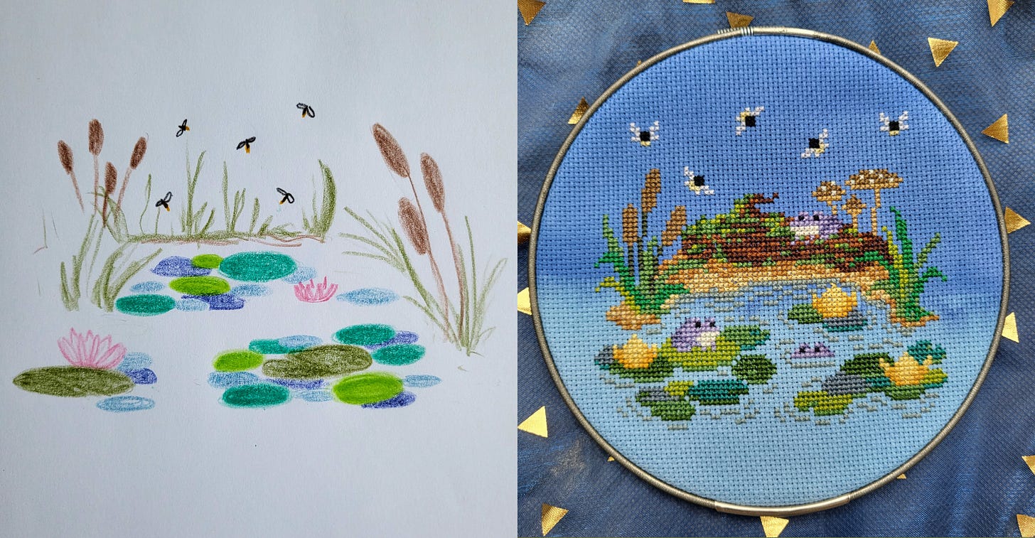 On the left, a drawing using color pencils of a pond, lilypads, cattails, and lil bugs.  On the right, a cross stitch version of the same pond, but with frogs.