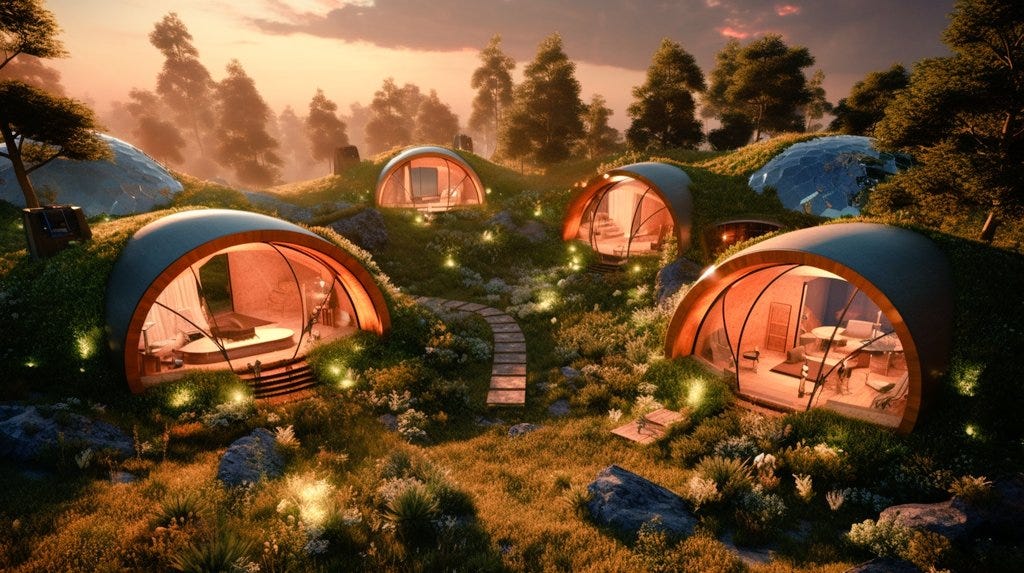 /imagine solarpunk hobbit holes with sustainable heating and lighting technology --ar 16:9 --v 5.1