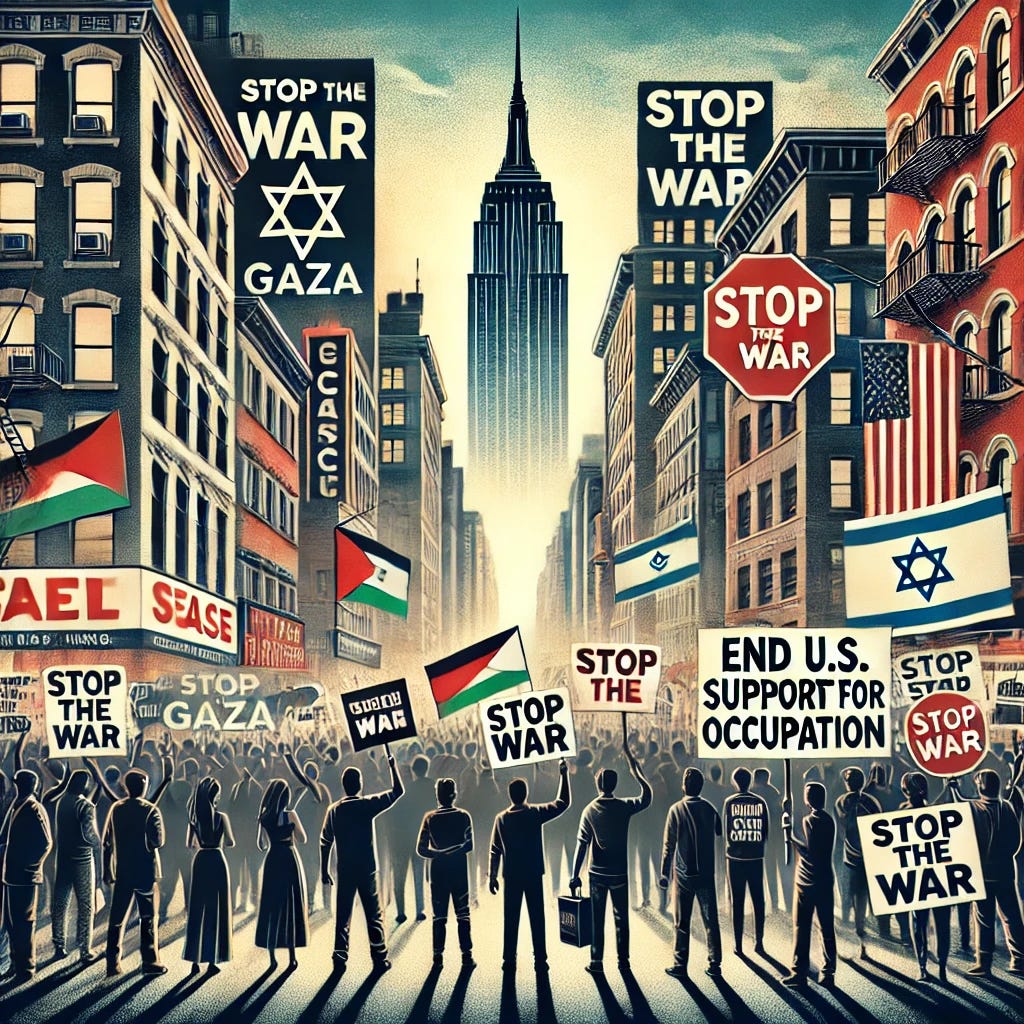 A symbolic illustration of a protest in New York City against the war in Gaza and U.S. government support for Israel. The scene shows diverse people holding signs calling for peace and ceasefire, with banners reading 'Stop the War' and 'End U.S. Support for Occupation'. The background includes recognizable New York buildings like the Empire State Building and street signs. The atmosphere is serious but peaceful, with a sense of solidarity and determination. A symbolic illustration of a protest in New York City against the war in Gaza and U.S. government support for Israel. The scene shows diverse people holding signs calling for peace and ceasefire, with banners reading 'Stop the War' and 'End U.S. Support for Occupation'. The background includes recognizable New York buildings like the Empire State Building and street signs. The atmosphere is serious but peaceful, with a sense of solidarity and determination.