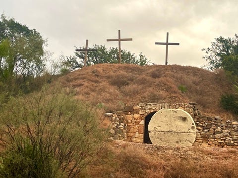 Photos of the crosses on the hill and the tomb with the bolder are spiritually powerful.
