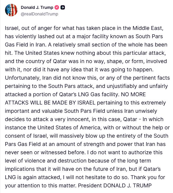 US President Donald Trump (@POTUS) posts in Truth Social, "Israel, out of  anger for what has taken place in the Middle East, has violently lashed out  at a major facility known as