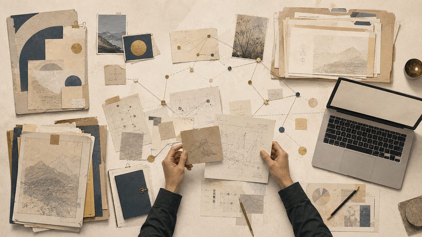 Overhead view of hands arranging notes, sketches, and cards into a story planning map