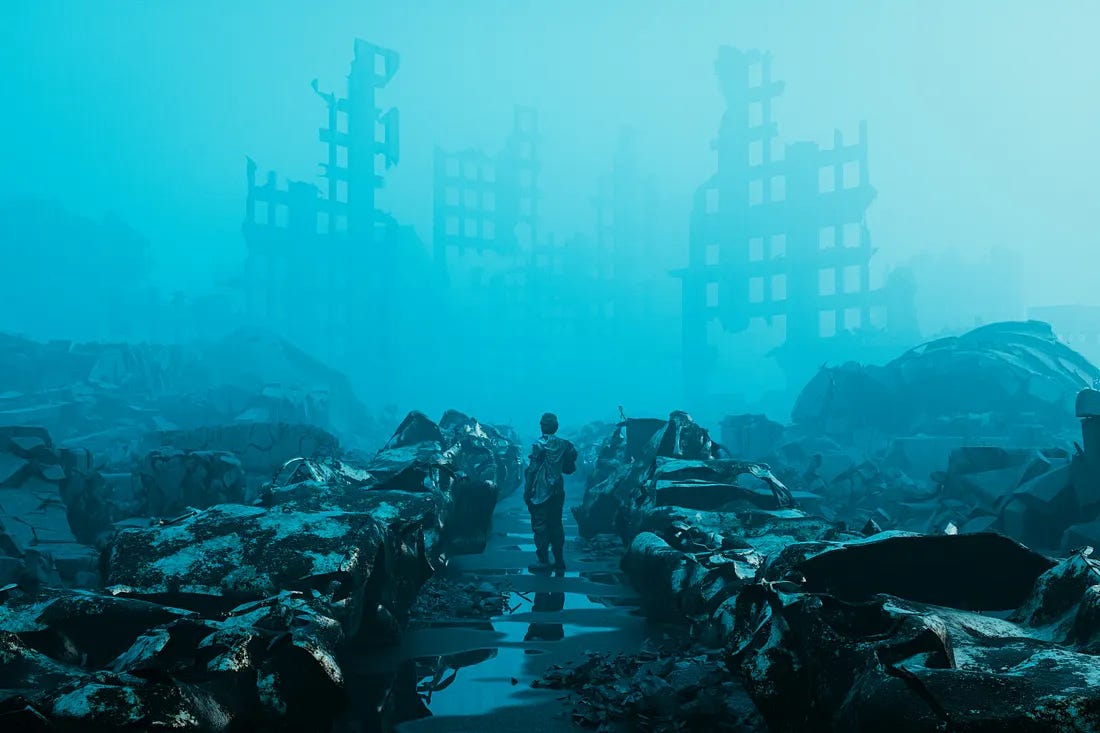 man walking through an empty city