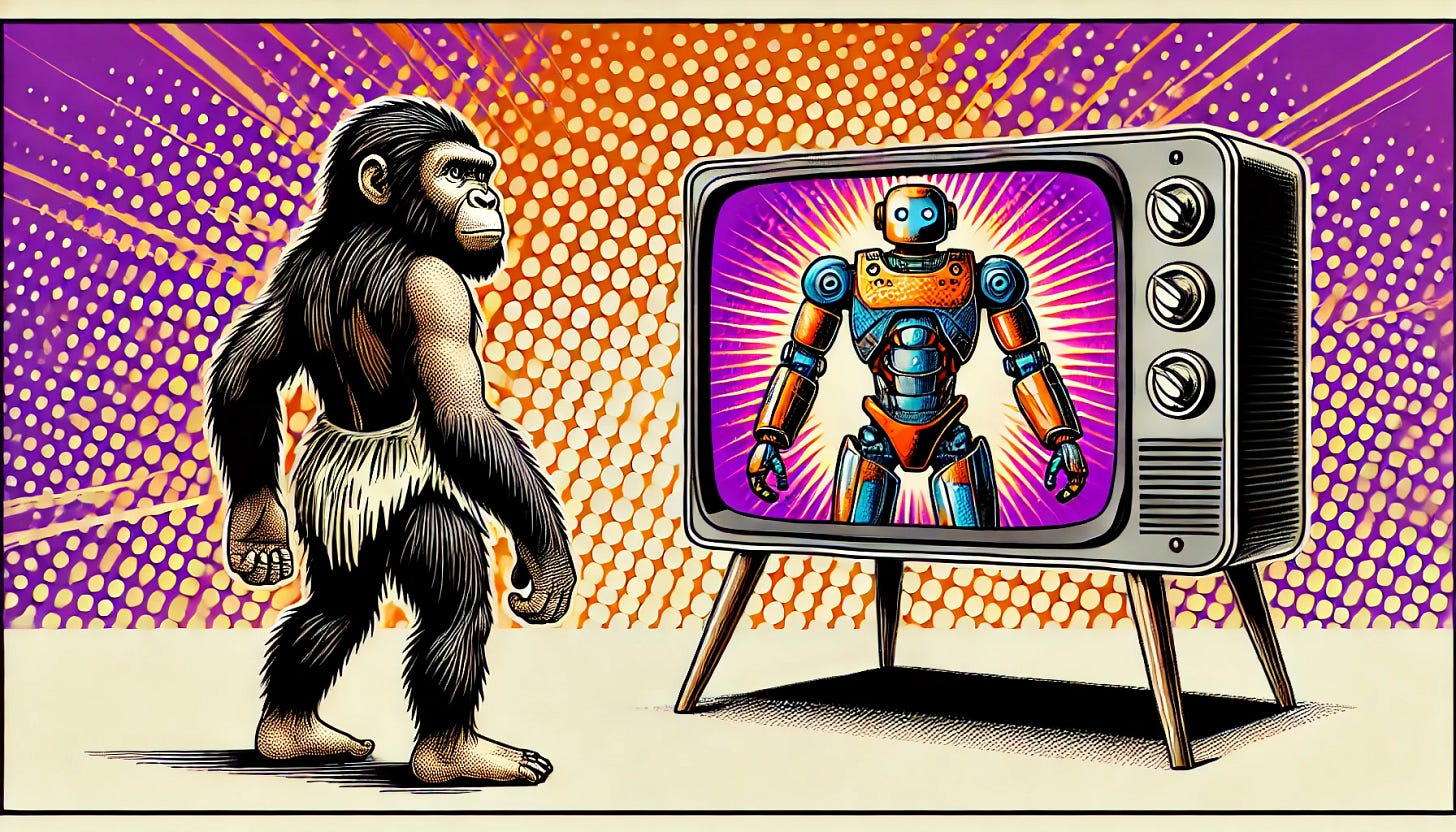 A pop art style illustration depicting a Neanderthal standing in front of a modern LED television displaying an image of a robot on the screen. The color palette is restricted to bright purple, bright orange, black, and white, with a white background. The design features a curious Neanderthal gazing at the screen, with the sleek LED TV and the robot on display highlighting the contrast between ancient times and futuristic technology. The scene is clean and minimal, emphasizing the juxtaposition of past and future.