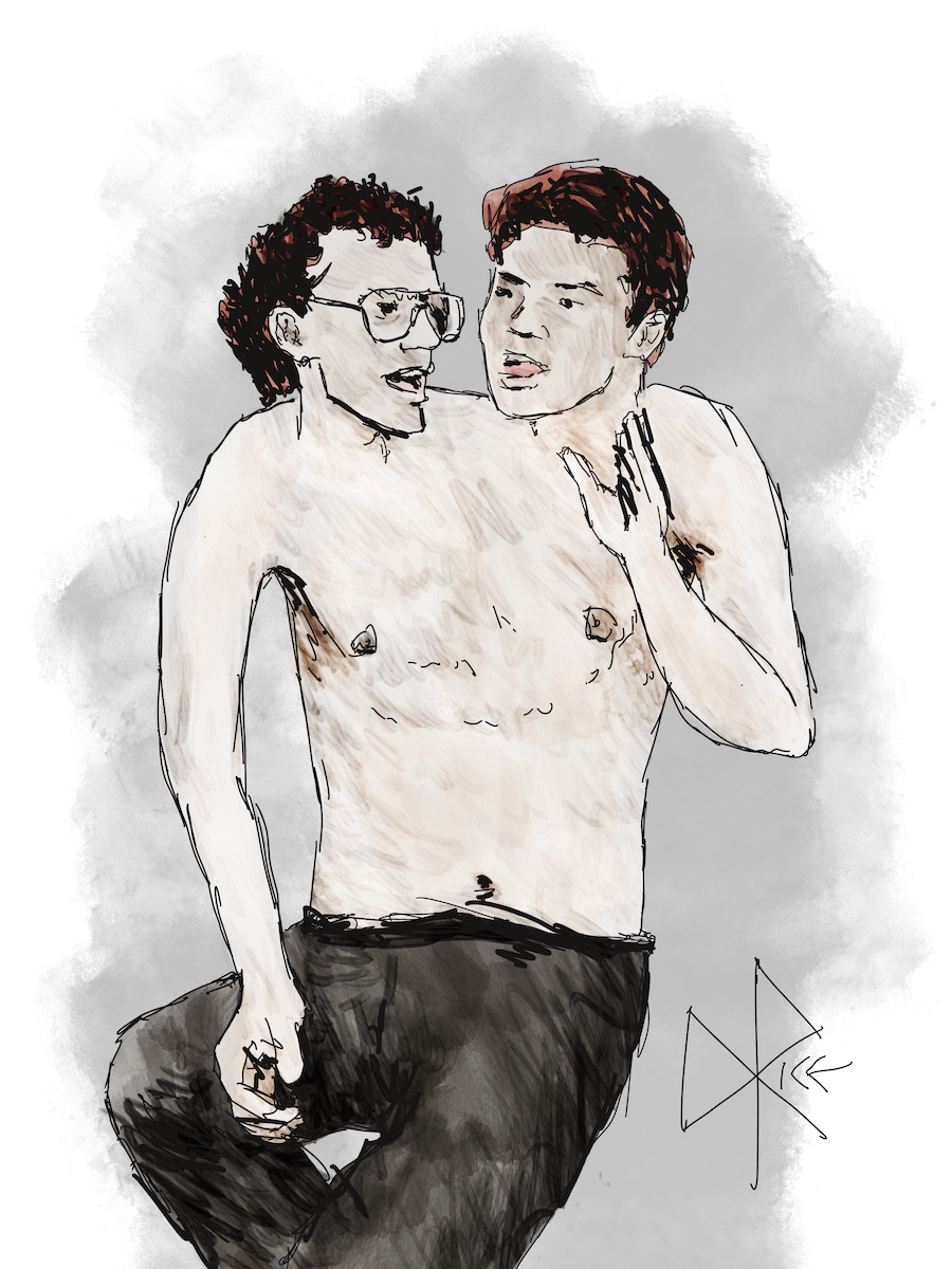 A shirtless two-headed man argues with themself, ready to come to blows. Sketch art by Don Rice. A shirtless two-headed man argues with themself, ready to come to blows. Sketch art by Don Rice.