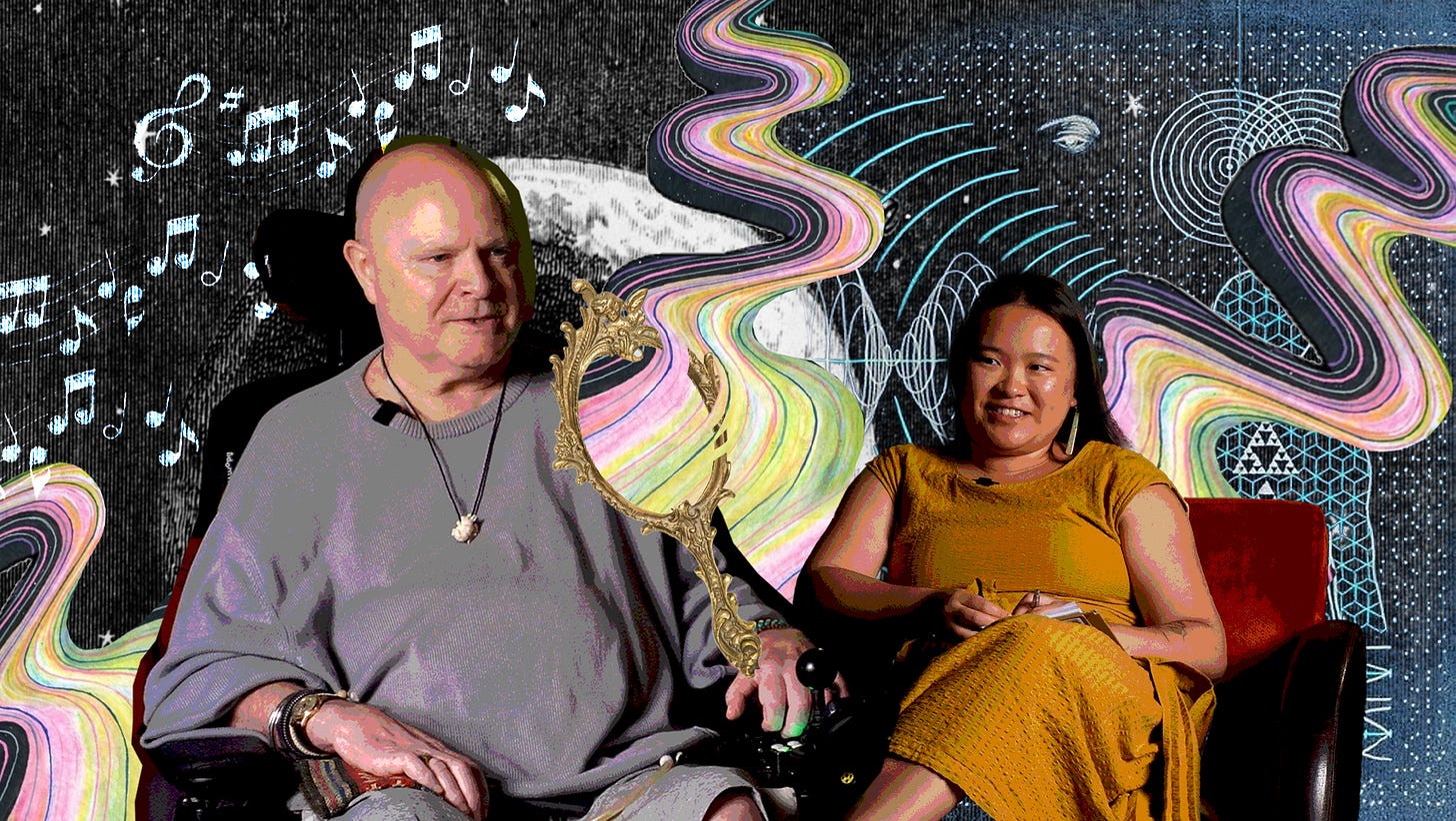 john and eda sitting faced to each other in the foreground with musical notation and colourful sound waves flowing around them