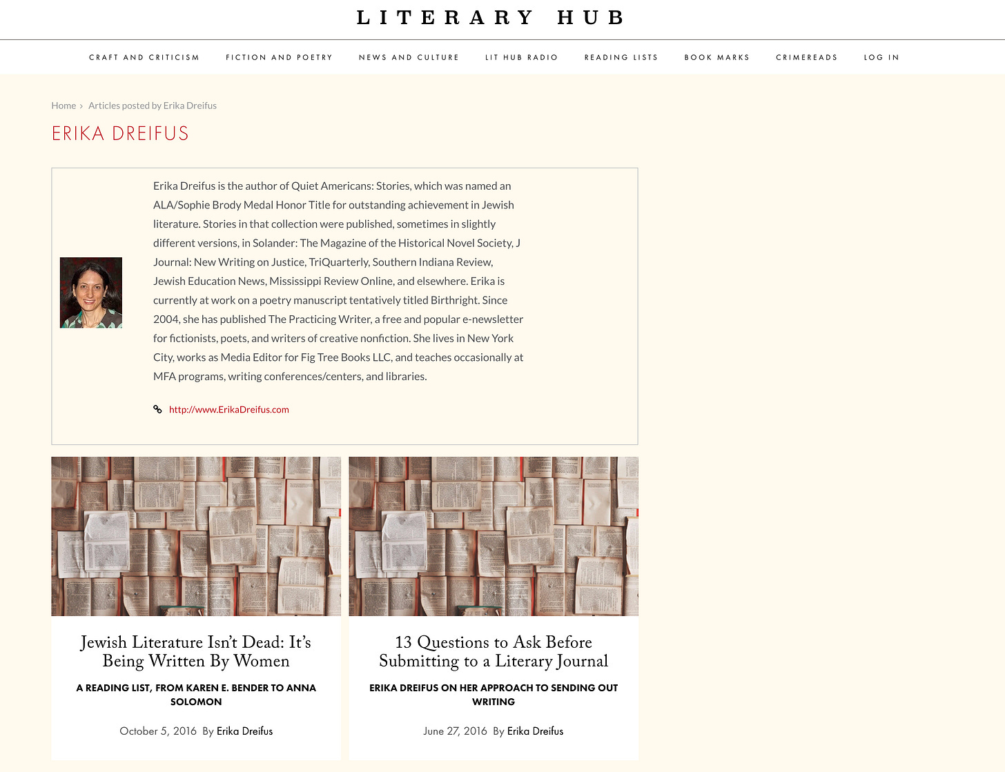 My bio page, with two bylined articles linked, on Literary Hub