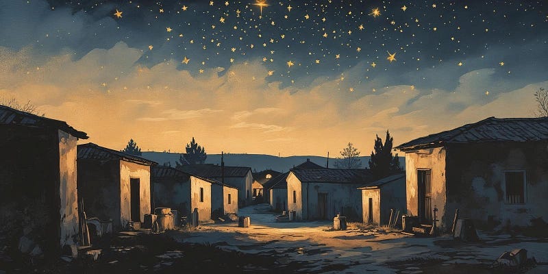 Symbolic dusk scene of a Jewish village in 1800s Western Ukraine, with stars emerging in the sky and golden candlelight glowing through windows — evoking ancestral memory, quiet ritual, and the resilience of a people who endured through silence and spirit.
