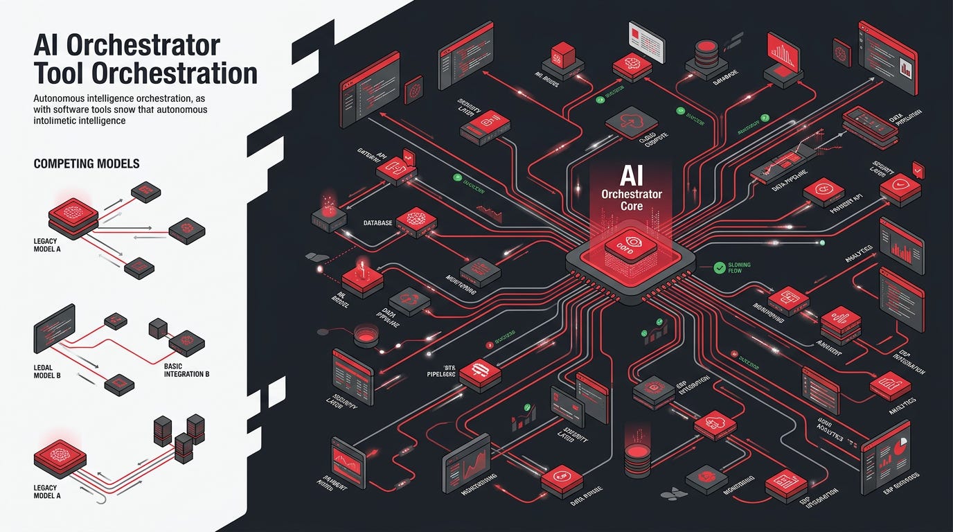 Flat isometric illustration of an AI orchestrator simultaneously operating dozens of interconnected software tools, APIs and workflow pipelines with perfect synchronization while competing models manage only a handful of connections, visual emphasis on autonomous tool orchestration rather than raw intelligence, bold red and graphite gray color palette, clean vector art style, dark background, modern tech editorial aesthetic Flat isometric illustration of an AI orchestrator simultaneously operating dozens of interconnected software tools, APIs and workflow pipelines with perfect synchronization while competing models manage only a handful of connections, visual emphasis on autonomous tool orchestration rather than raw intelligence, bold red and graphite gray color palette, clean vector art style, dark background, modern tech editorial aesthetic