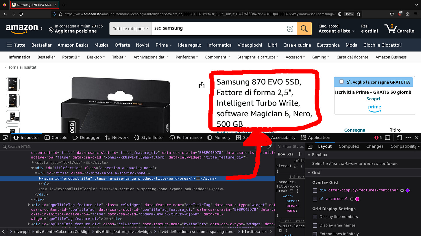 Get the product name (a.k.a. title) using the `productTtile` `span` id
