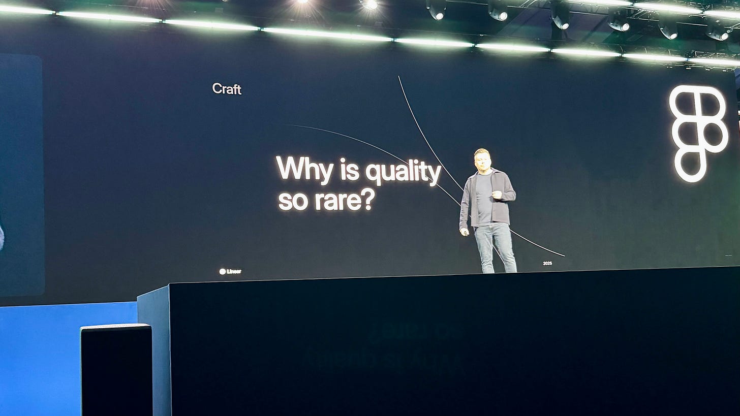Karri on stage at Config, his slide reads "Why is quality so rare?" Karri on stage at Config, his slide reads "Why is quality so rare?"