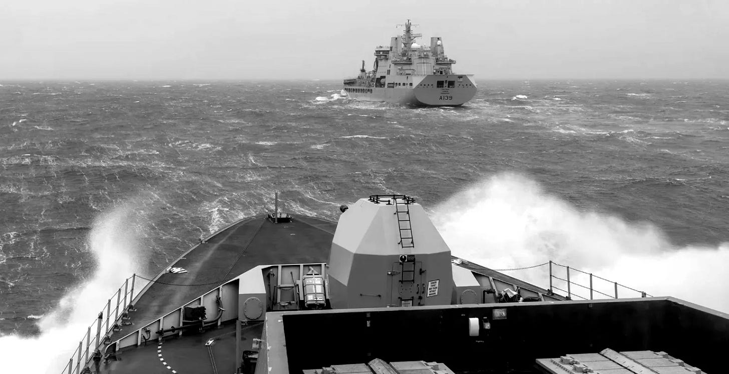 B&W image of Type 45 Destroyer on RAS approach B&W image of Type 45 Destroyer on RAS approach