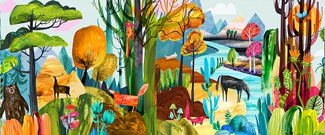 A selection of six images from different projects, including illustrations, a mural fragment, professional artwork, sketching scenes and pages from wine sketchbooks