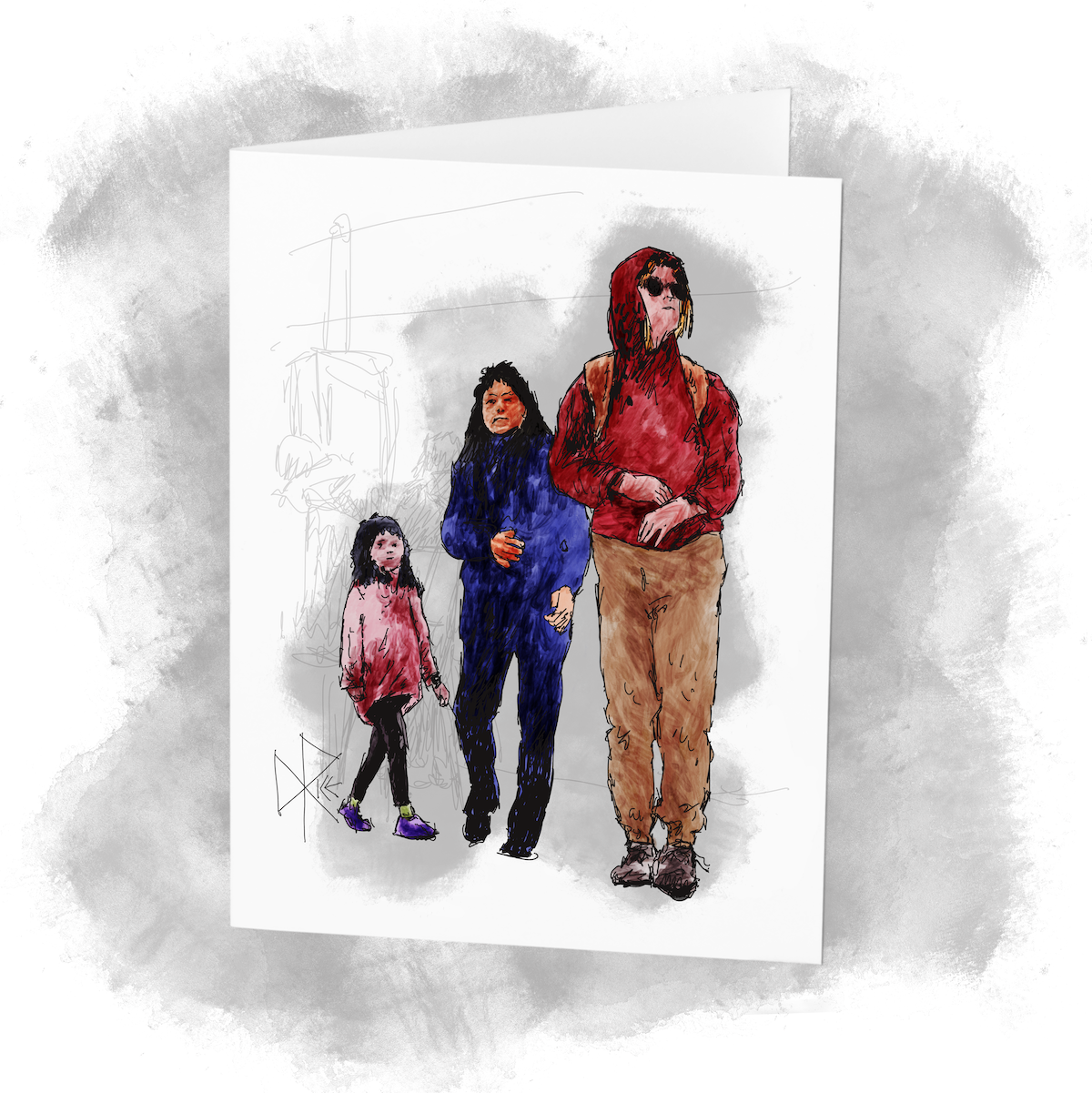Two adults and a child walk through the open entrance area of a fast food restaurant, prepared to place an order. Sketch art by Don Rice.