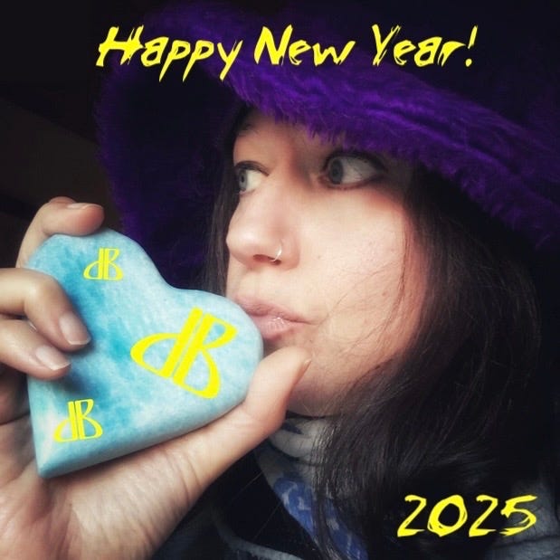 Girl with purple hat kissing a blue hat with dBs on it