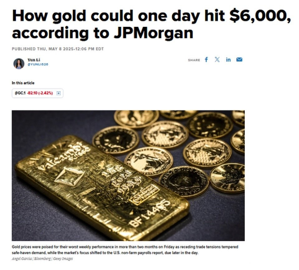 Může jít o obrázek peníze a text, kde se píše How gold could one day hit $6,000, according to JPMorgan PUBLISHED THU. MAY 2025.12:06 EDT YunL Li i @YUNL1620 In this article SHARE @GC.1 82.10 (-2.42%) X 同 + cold 奇すす BF 14495 Gold prices were poised their worst weekdy performance in more than two Wo months Friday receding trade tensions tempered safe-haven demand while markef's focus shifted J.S. non-farm payrolls report. due later the day. AngelGarcia Bloomberg Gemy emy Dmager