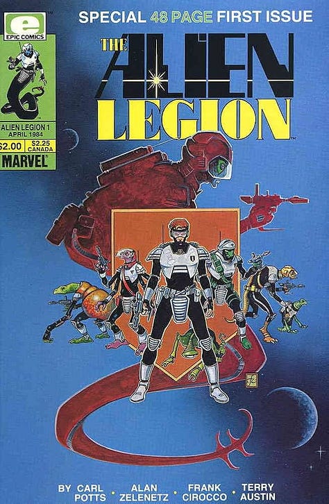Covers to various issues of the science fiction comic, Alien Legion
