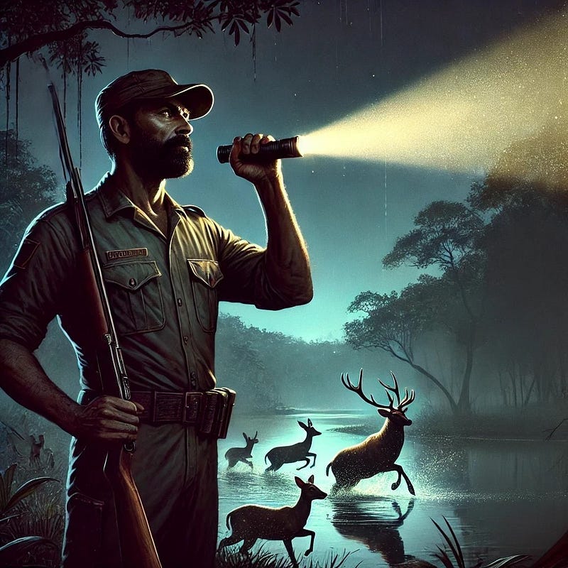 A hunter holding a rifle shines a flashlight into the forest. A herd of deer is scrambling away by a lake. A hunter holding a rifle shines a flashlight into the forest. A herd of deer is scrambling away by a lake.