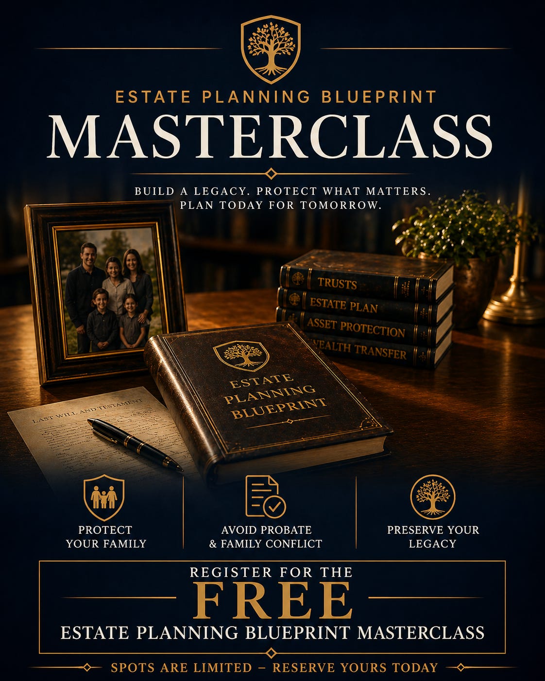 Promotional graphic for the Estate Planning Blueprint Masterclass. A leather-bound book titled "Estate Planning Blueprint" sits on a dark wooden desk beside a framed family photograph, a stack of volumes labeled Trusts, Estate Plan, Asset Protection, and Wealth Transfer, and a Last Will and Testament document with a fountain pen. A gold tree-and-shield emblem appears at the top. Three icons mark the masterclass focus areas: protect your family, avoid probate and family conflict, preserve your legacy. The graphic includes a call to action to register for the free masterclass and notes that spots are limited.