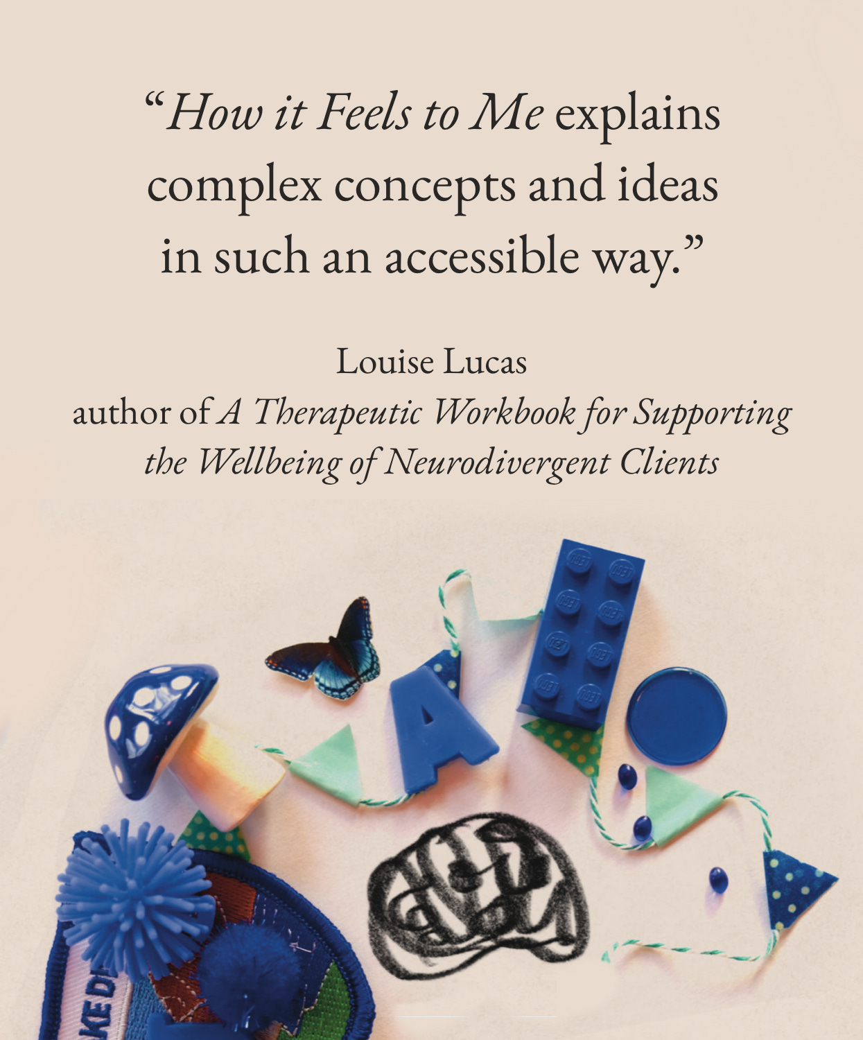 Blurb says "How it feels to me explains complex concepts in such an accessible way." Louise Lucas above a collection of blue objects around an illustrated brain.