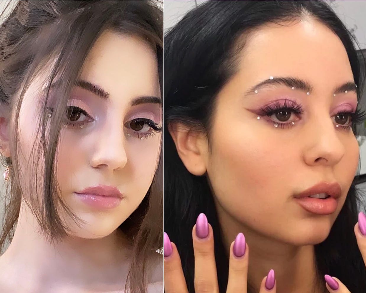 A side-by-side comparison of Gia’s recreation (left) and Alexa Demie’s Maddy Perez (right), both featuring ethereal pink eyeshadow, winged liner, and delicate rhinestone embellishments.