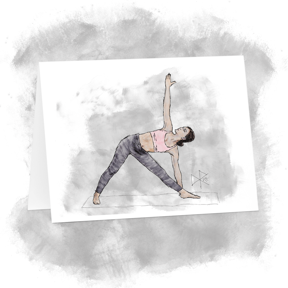 A woman holding the triangle pose (trikonasana) as a part of her yoga ritual. Sketch art by Don Rice.