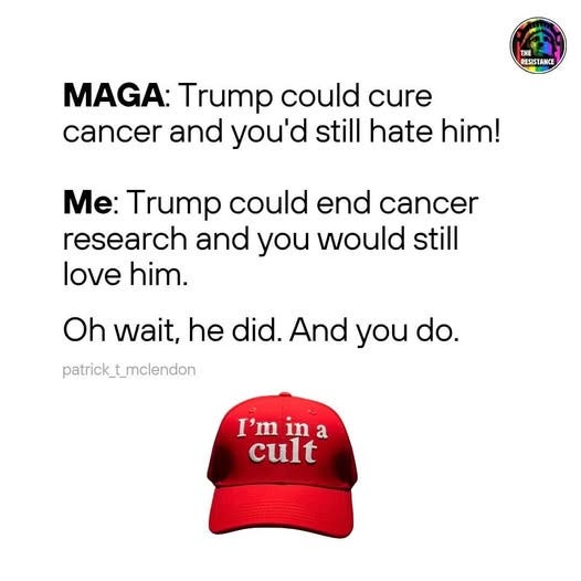 May be an image of hat and text that says 'THE RESISIANCE MAGA: Trump could cure cancer and you'd still hate him! Me: Trump could end cancer research and you would still love him. Oh wait, he did. And you do. patrick_t_mclendon I'm in I'mina a cult'