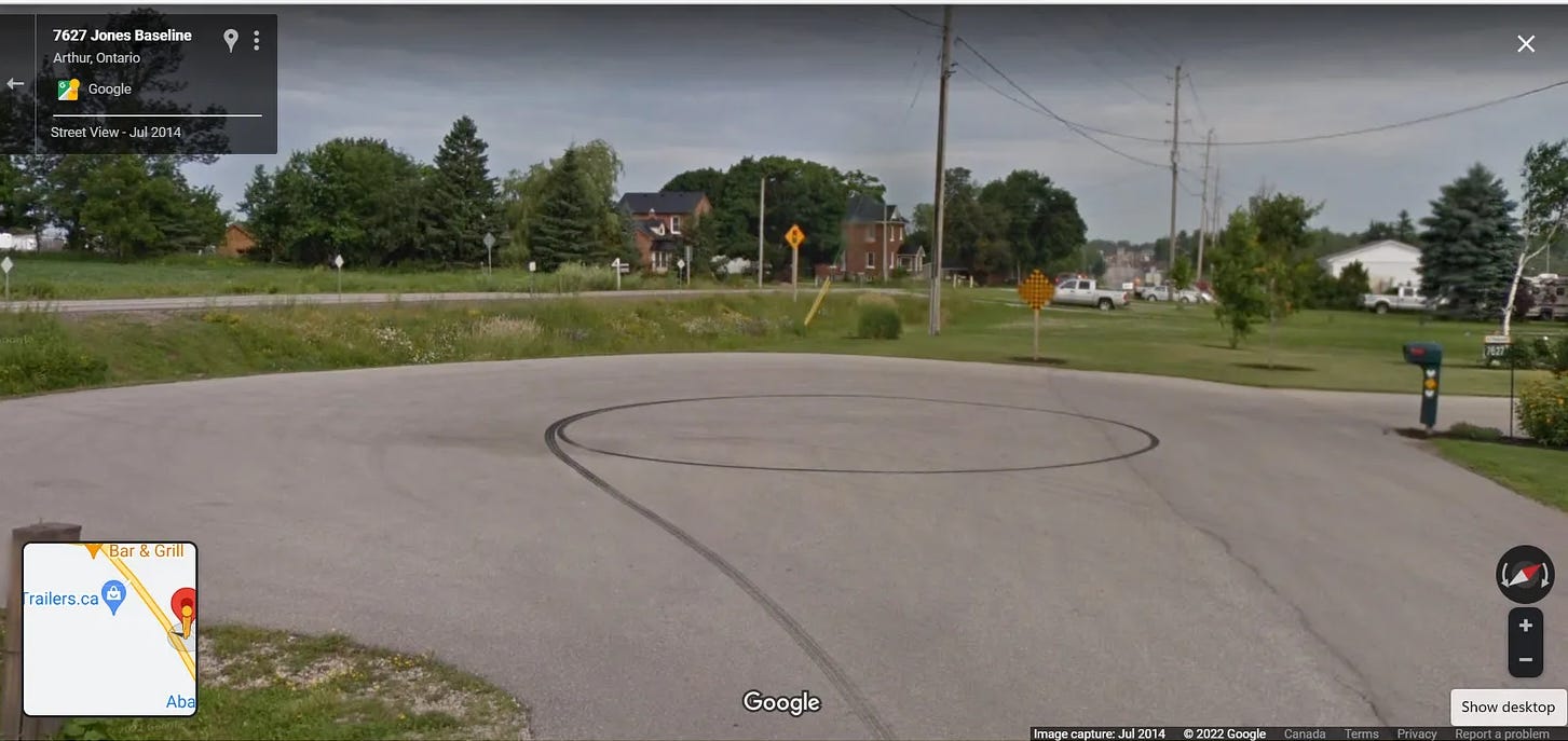 A skidmarked turnaround at the end of the Jones Baseline.