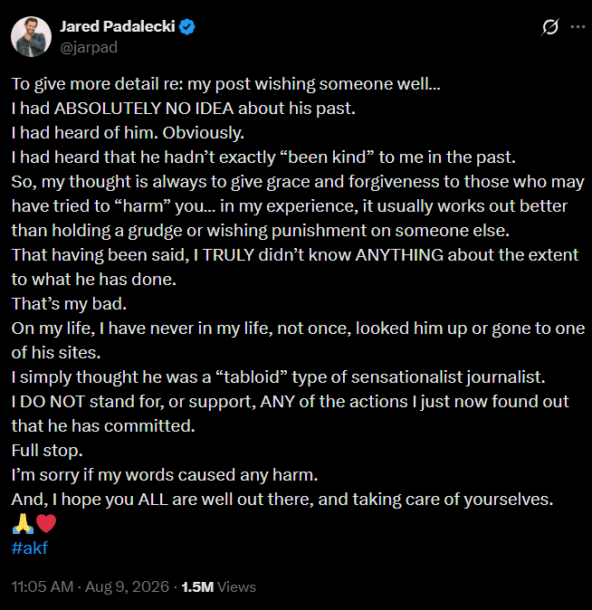 Jared Padalecki deleted his tweet in support of Hilton and offered this explanation Jared Padalecki deleted his tweet in support of Hilton and offered this explanation