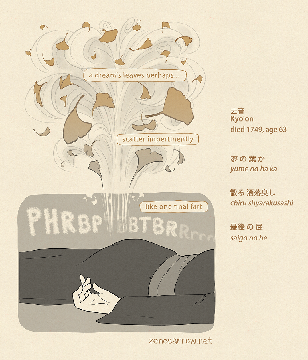 A haiku comic showing ginkgo leaves billowing in the wind, that it is revealed as we travel down the page are in fact blowing in a fart. The translated death haiku reads, "a dream's leaves perhaps... / scatter impertinently / like on final fart"