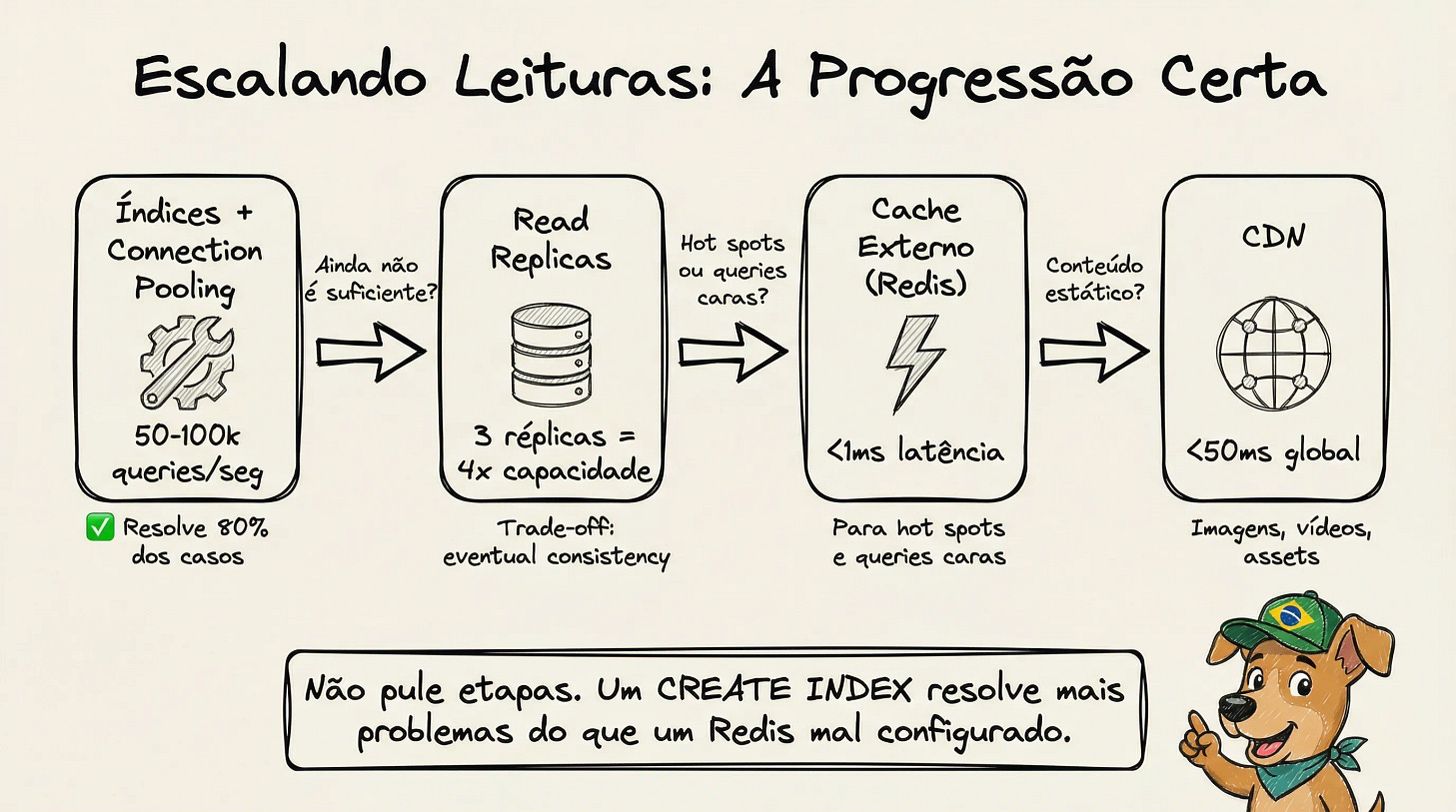 Progressão para escalar leituras: índices, connection pooling, réplicas, cache e CDN