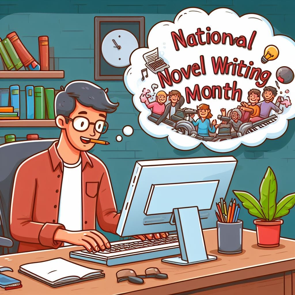 National Novel Writing Month cartoon style author at keyboard happily writing with thought ballon showing fantastic images National Novel Writing Month cartoon style author at keyboard happily writing with thought ballon showing fantastic images