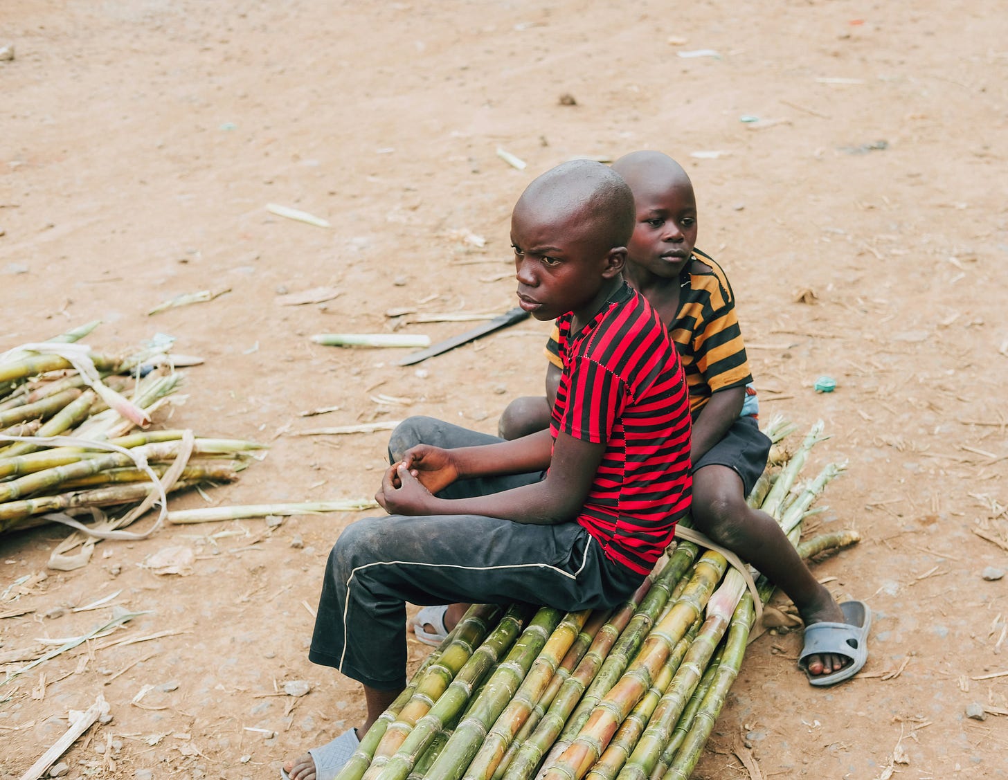 Two Congolese children sit on bundled sugarcane in displacement camp, illustrating human cost of conflict minerals and mass displacement in Democratic Republic of Congo