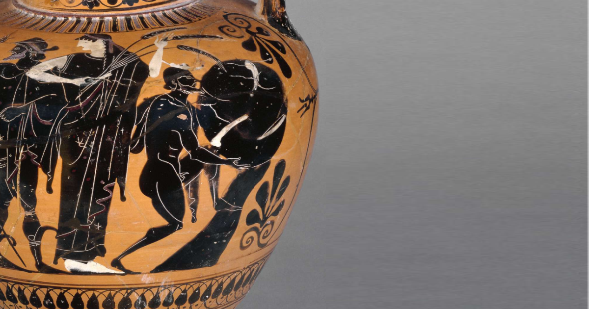Close up of a Greek black-figured, orange, neck-amphora showing Persephone holding three ears of corn on the left and Sisyphus pushing a stone up a steep hill.