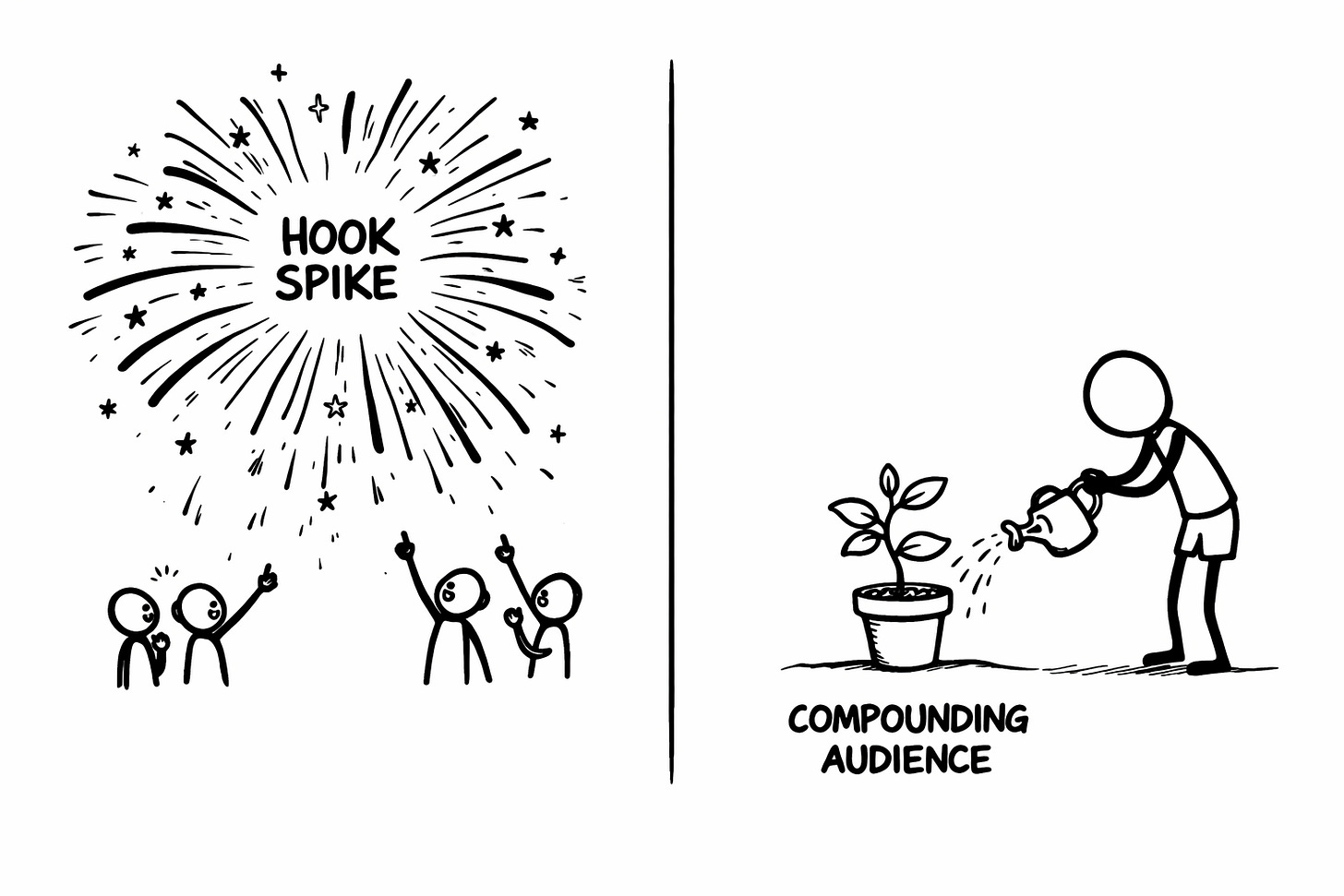 Hand-drawn whiteboard illustration contrasting a "Hook Spike" firework bursting overhead with a small "Compounding Audience" plant being watered, showing why viral hook-focused content on Substack produces short-term attention spikes but fails to grow a sustainable newsletter audience.
