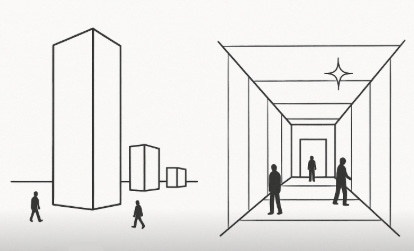 Black-and-white line drawing showing tall rectangular monolith-like blocks on a flat surface, with small human figures for scale, alongside a perspective corridor sketch with people inside and a star-shaped light above.