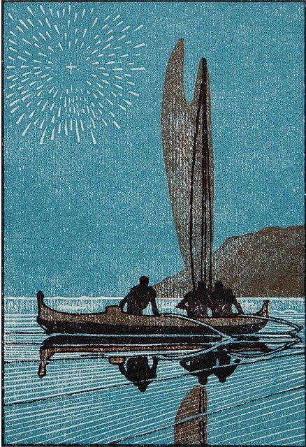 A Polynesian style boat glides across the smooth ocean. Three figures sit inside the boat. A star glows in the sky. A Polynesian style boat glides across the smooth ocean. Three figures sit inside the boat. A star glows in the sky.