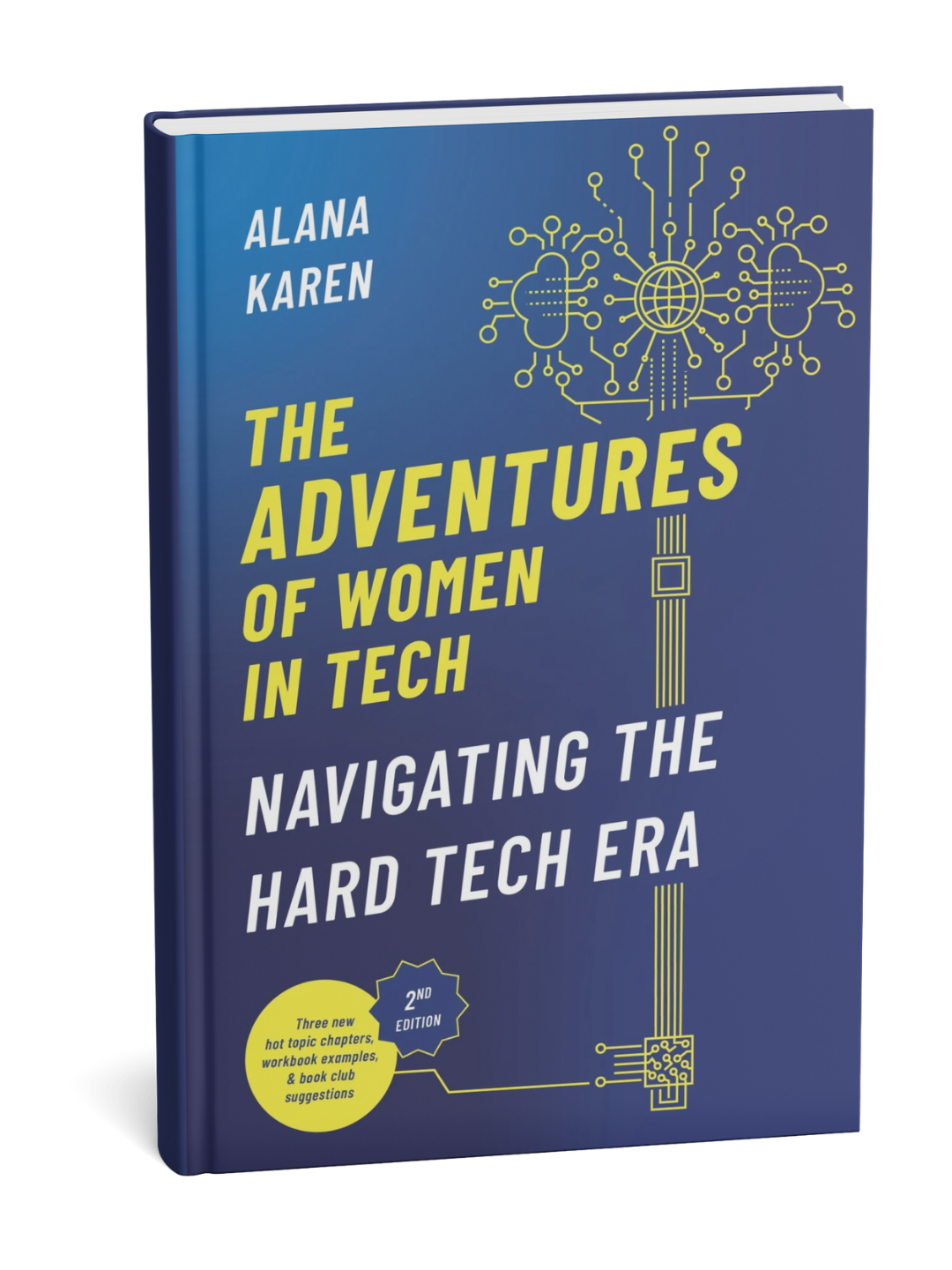 The Adventures of Women in Tech: Navigating the Hard Tech Era book cover, blue background with yellow key